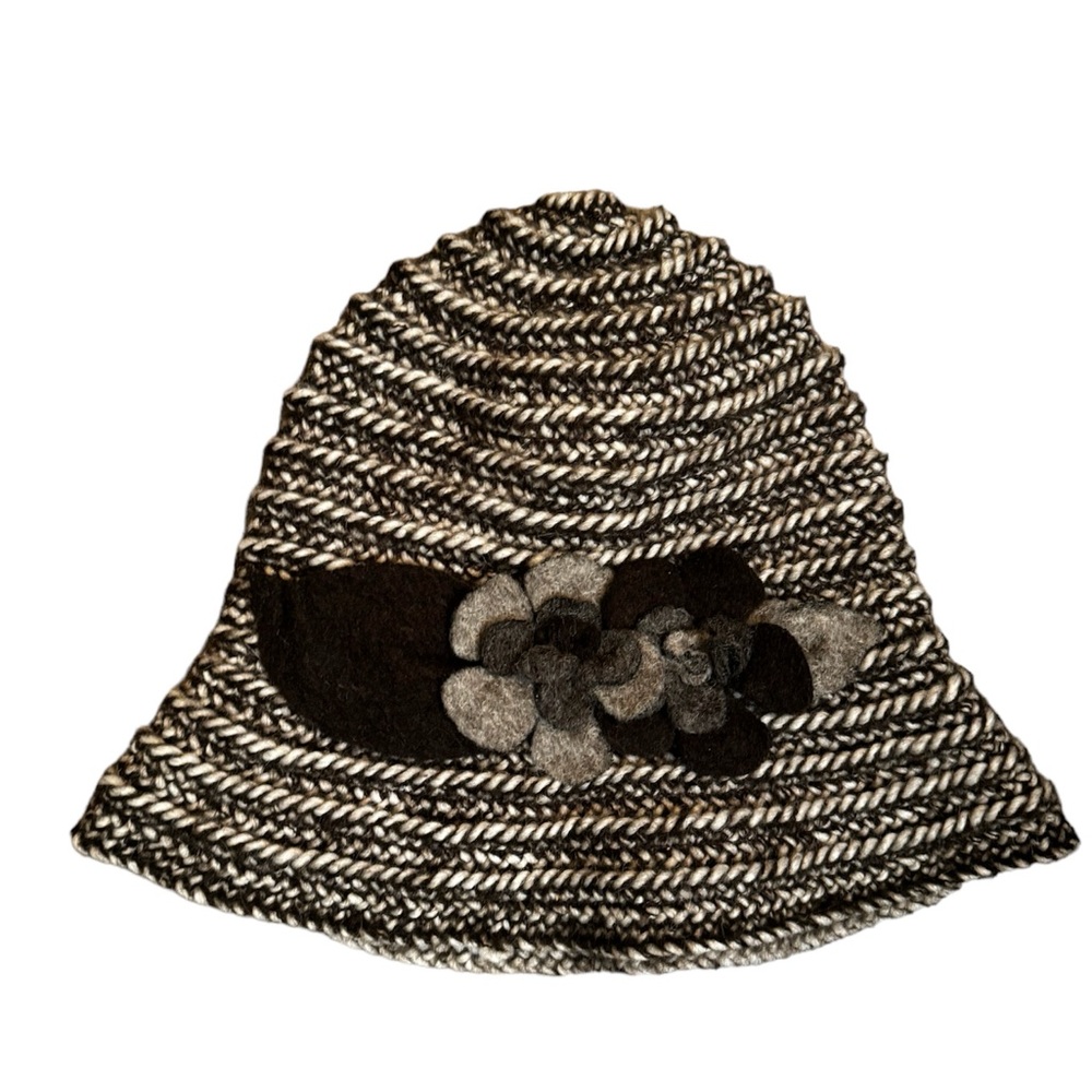 Women's Black and Cream Knit Bucket Hat with Floral Trim